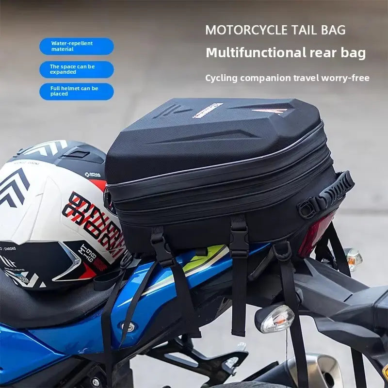 Motorcycle Helmet Tail Bag – Waterproof Rear Seat Bag, Rider Backpack & Travel Luggage Storage